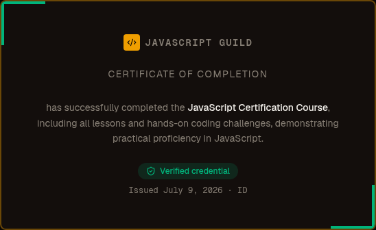 شهادة إتمام عامة من JavaScript Guild صادرة لأحد خريجي الدورة